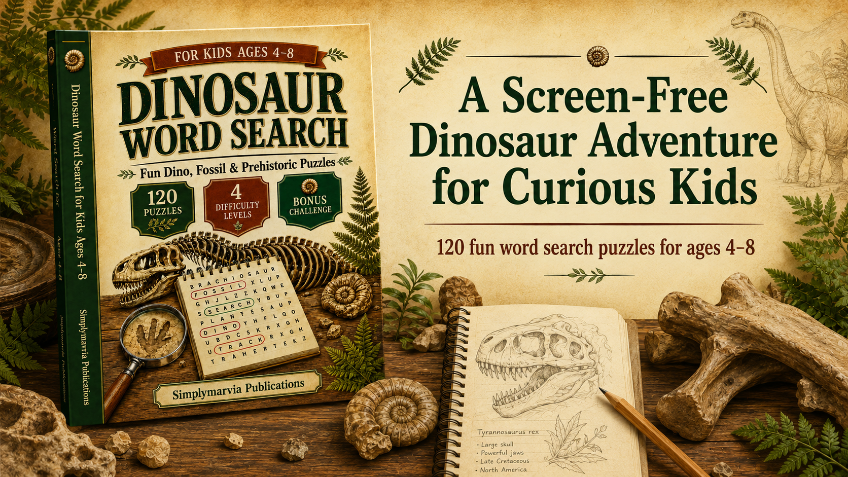 Dinosaur Word Search for Kids Ages 4–8: A Fun Screen-Free Activity Book
